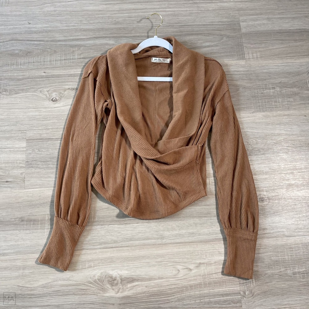 We The Free Women's Top Hold Me Close Rib Wrap Shawl Collar Neutral XS Brown